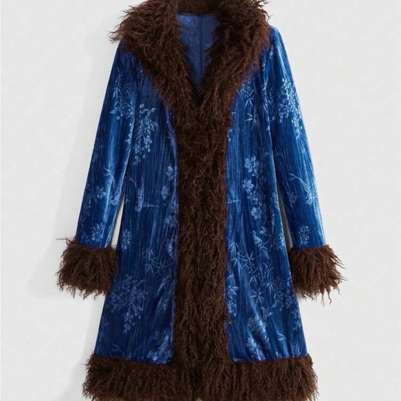 Furtalk Jackets & Blazers - Blue Velvet and Brown Faux Fur Coat